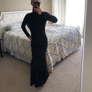 Ruched long sleeve turtle neck maxi dress.